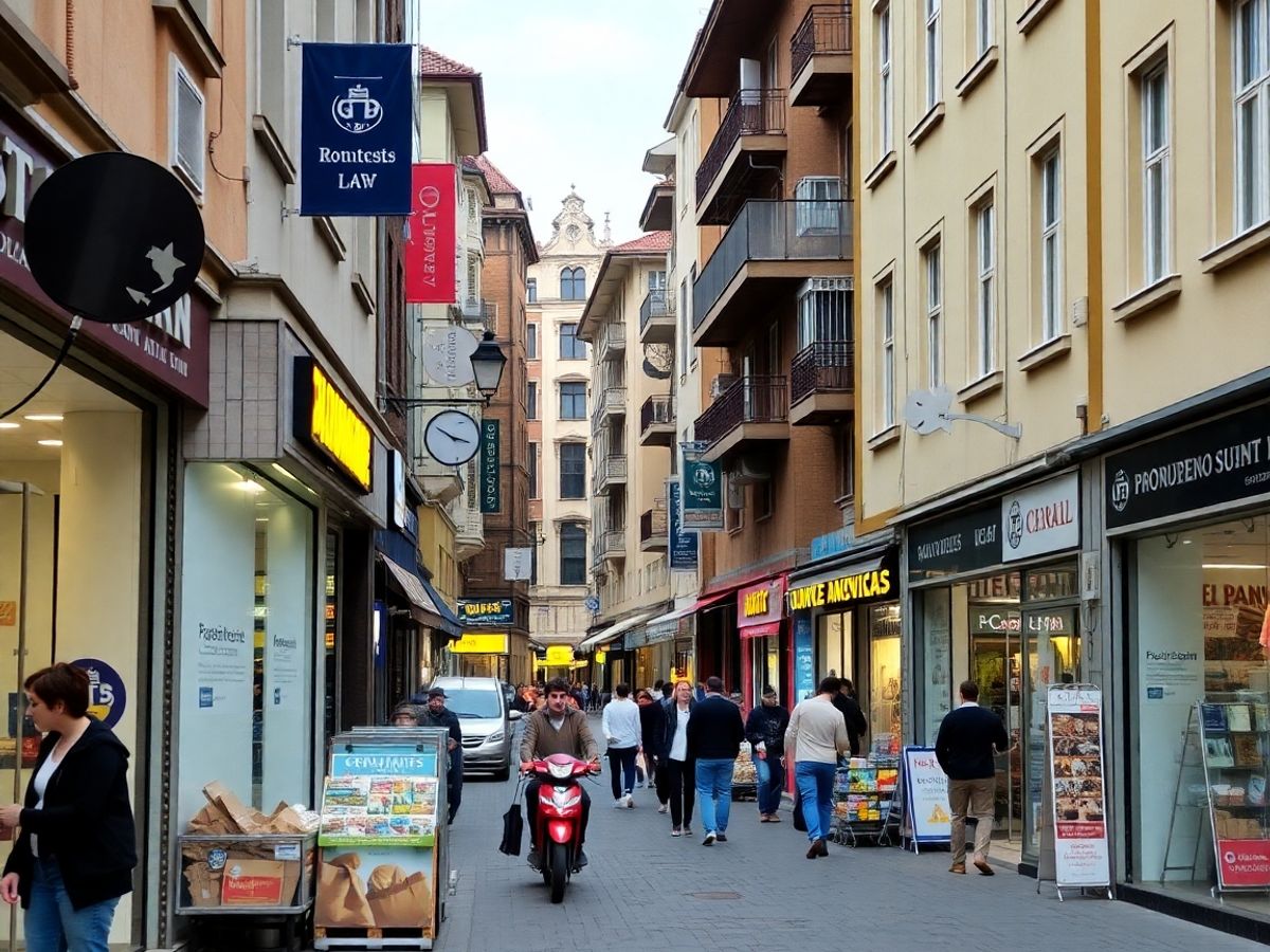 Stradă comercială aglomerată din România.
