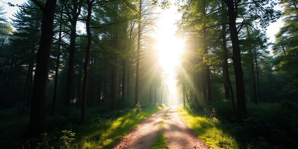 A forest path illuminated by sunlight through trees.
