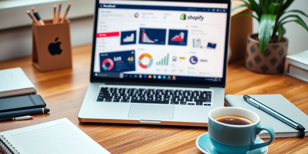 Organised workspace with laptop and notebooks for Shopify.