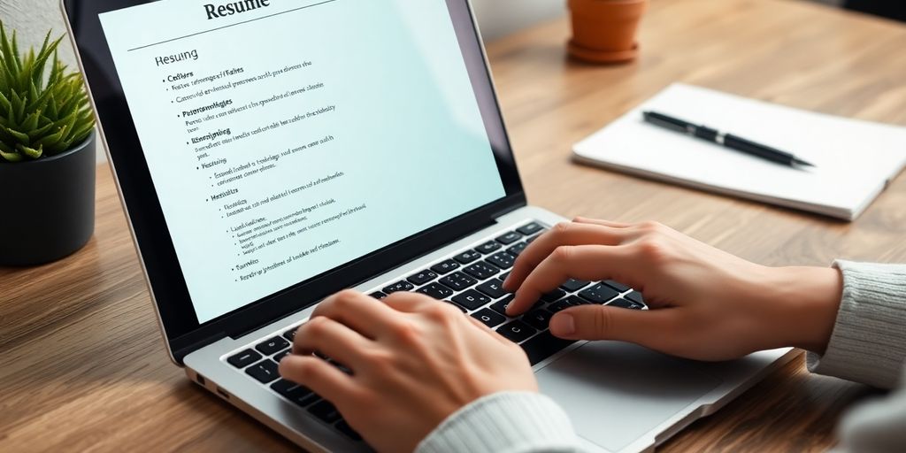 Person typing on laptop, resume on screen