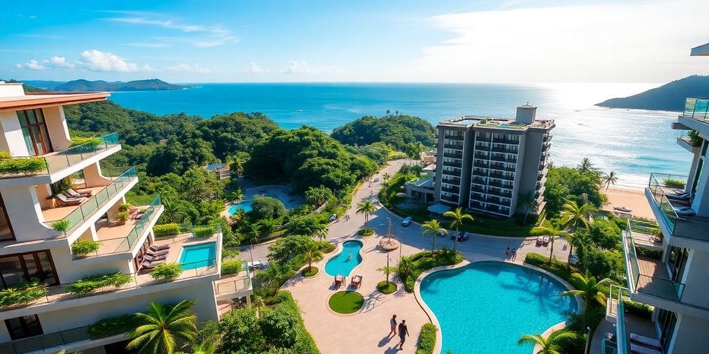 Modern Patong condos with ocean view and lush greenery.