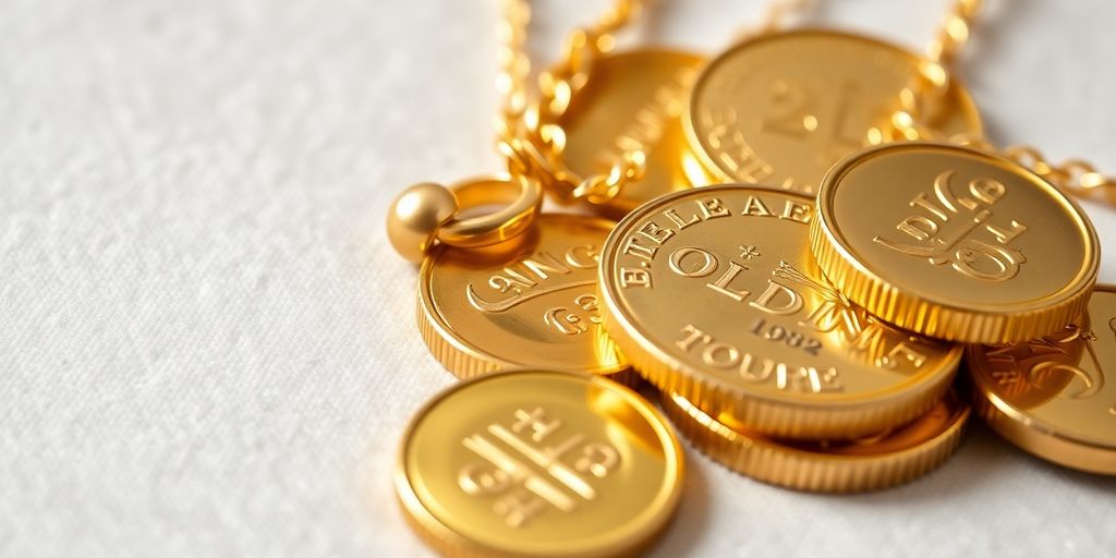 Bijoux en or et pièces de monnaie brillants.