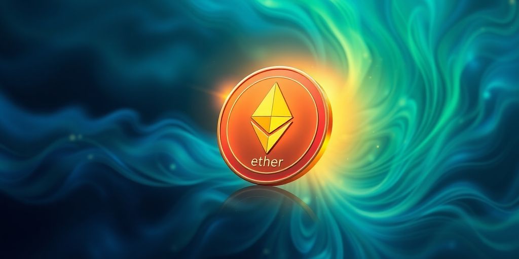 Ethereum Ether cryptocurrency soaring upwards.