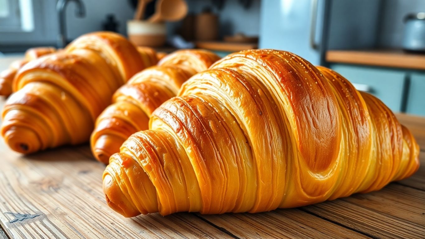 Golden flaky croissants on rustic wooden table