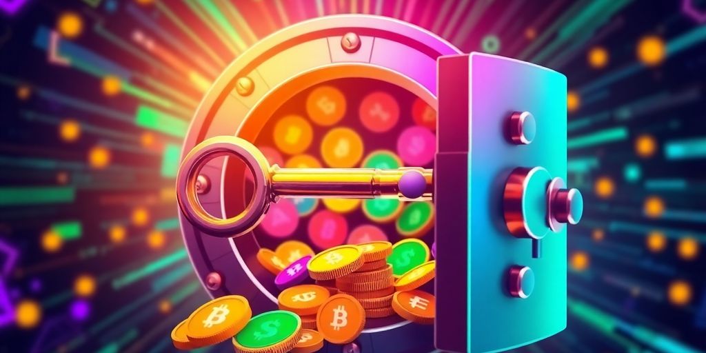 Key unlocking a digital vault of cryptocurrency coins.