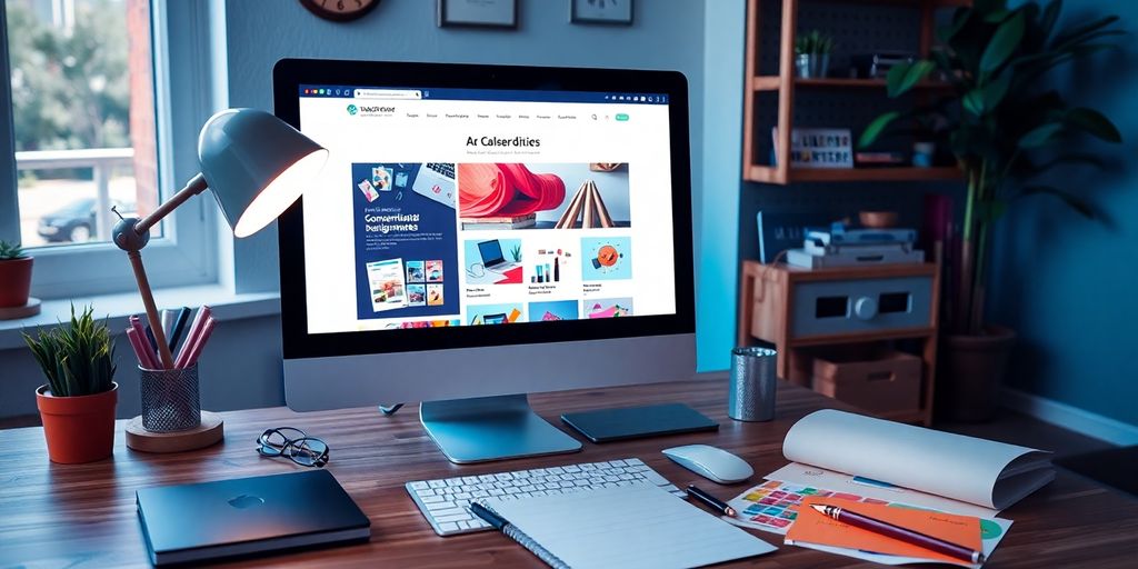 Modern workspace with website design on computer screen.