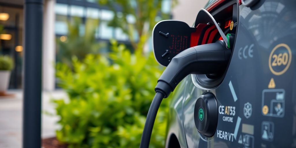Electric vehicle charging station in an urban setting.