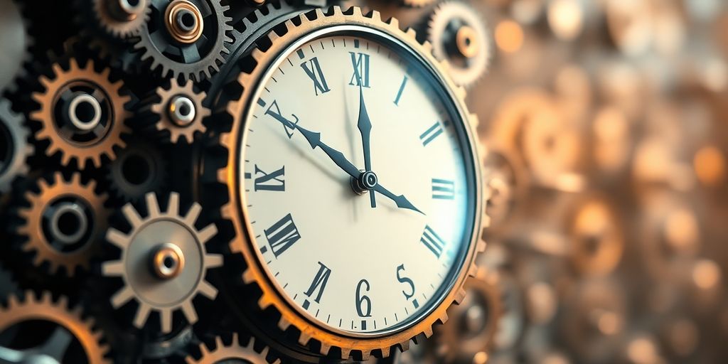 Hidden gears turning a visible clock mechanism.