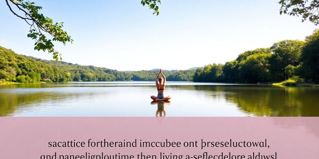 Person practicing yoga by a peaceful lake.
