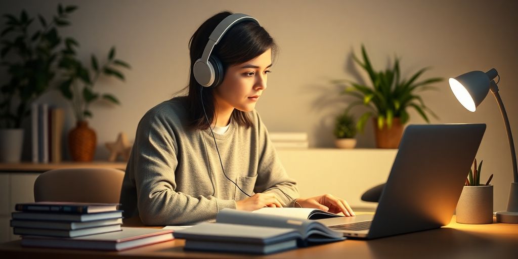 Person studying with headphones in a cozy setting.