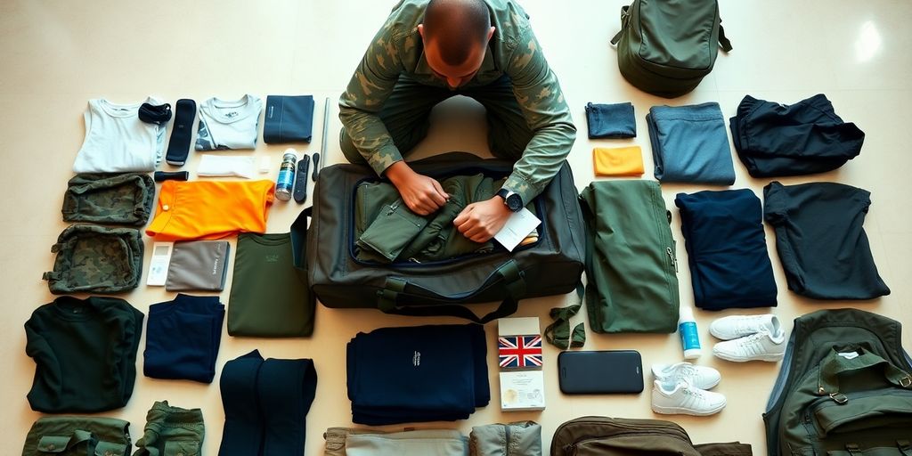 Military recruit packing for basic training with gear.