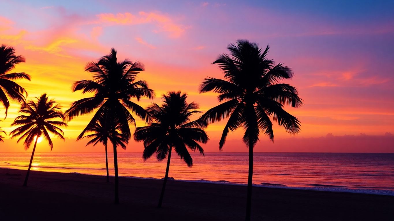 Tropical beach with palm trees and sun.