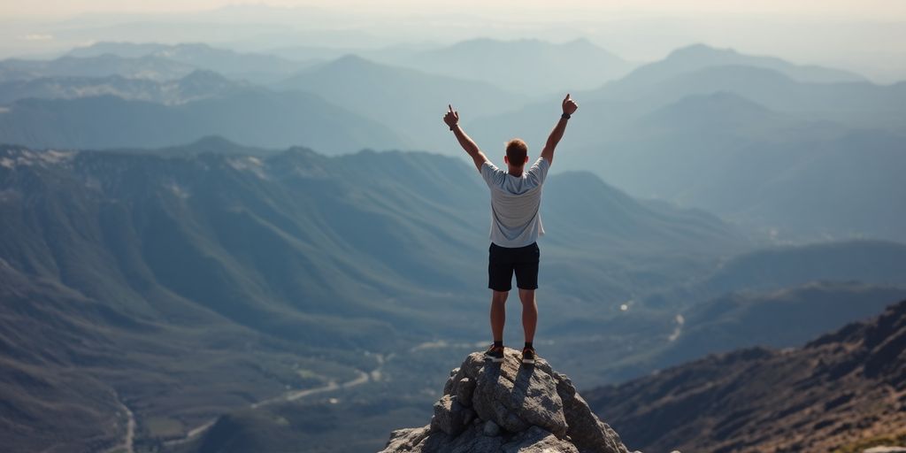 Athlete reaching summit after challenging climb.
