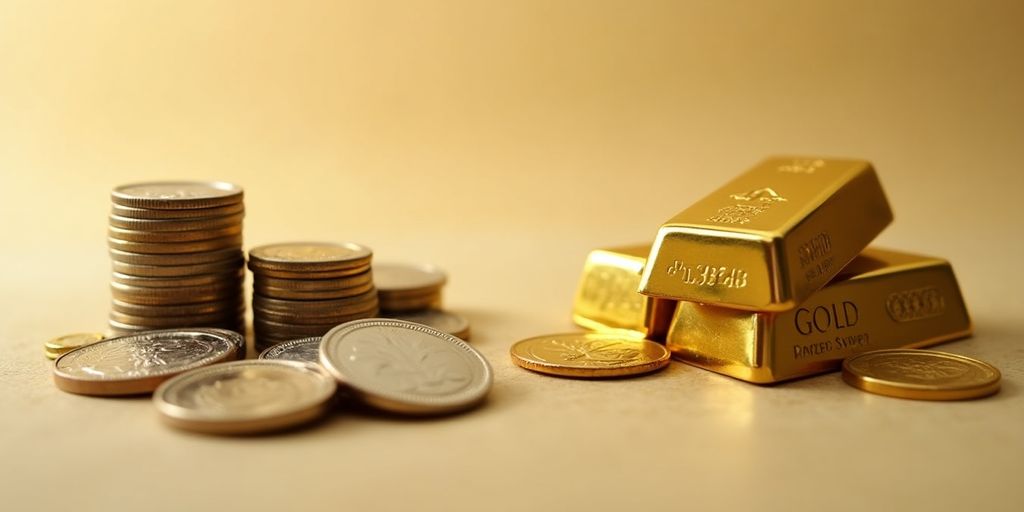 Pièces de monnaie et lingots d'or côte à côte.