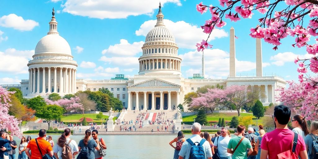Collage of Washington DC landmarks and cherry blossoms.
