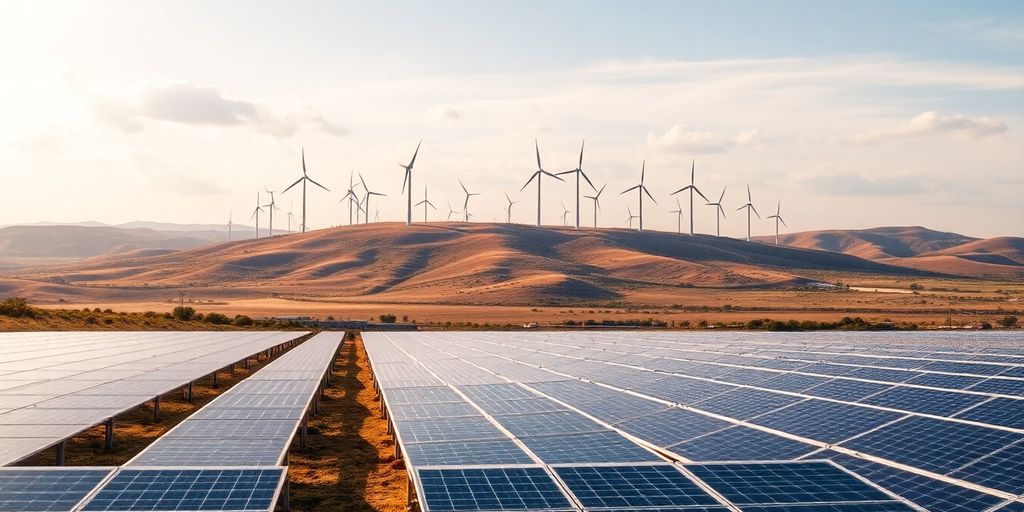 Windräder und Solarpaneele unter klarem Himmel