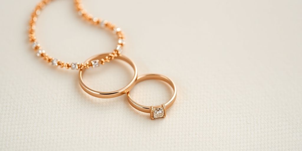 Joyas en oro rosa: anillos y pulsera sobre fondo neutro.