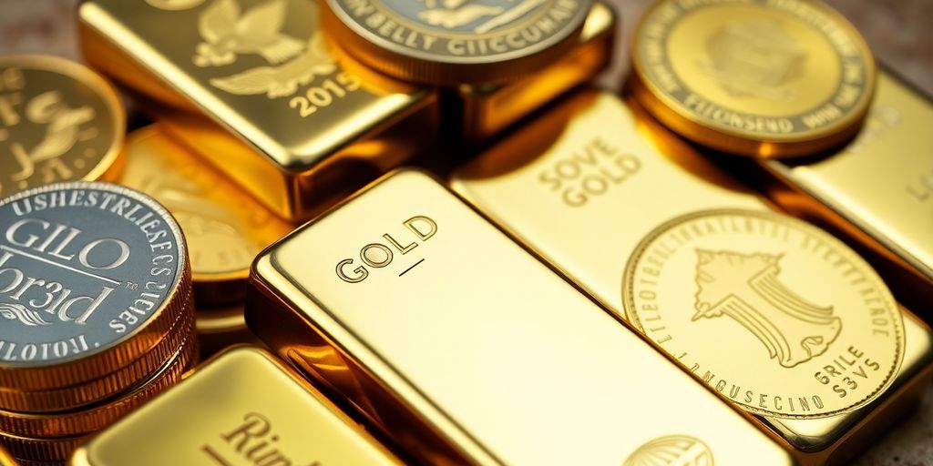 Lingots et pièces d'or brillants sur fond neutre.