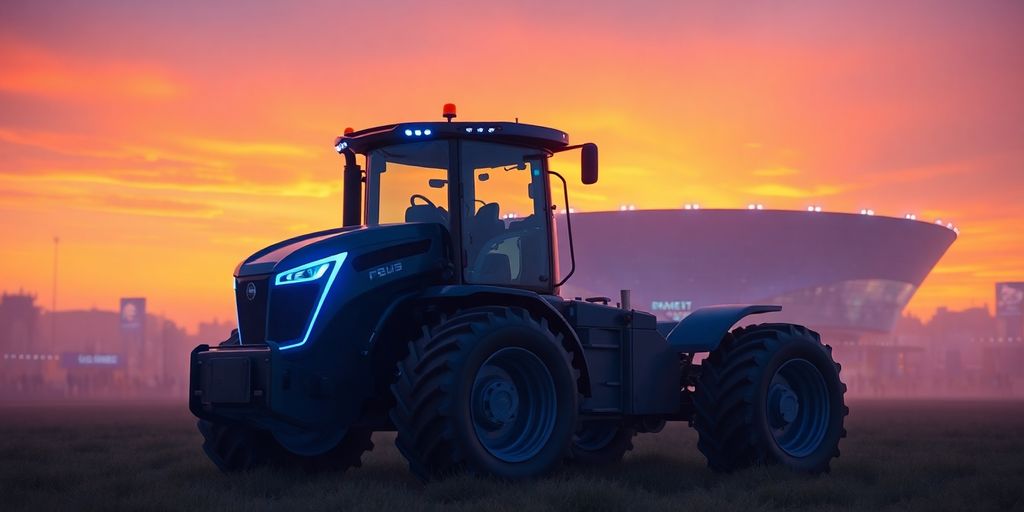 Tracteur virtuel devant un stade eSport.