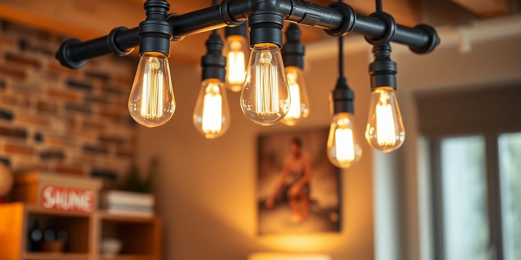 Industrial pipe chandelier with Edison bulbs.