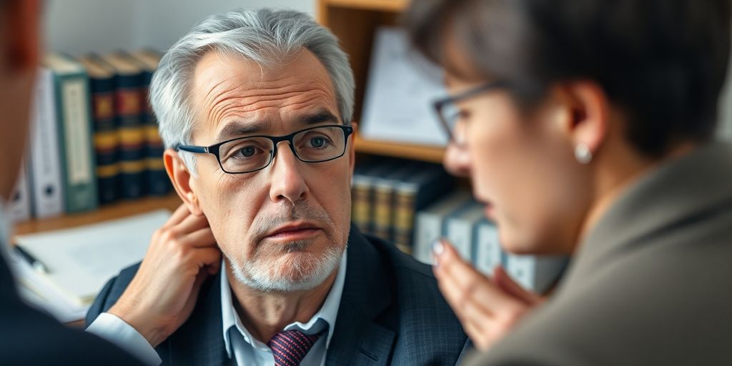 Lawyer consulting with injury victim in an office.