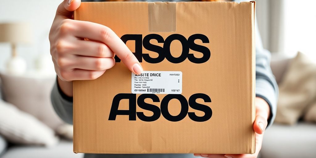 Person holding ASOS package, return label visible.