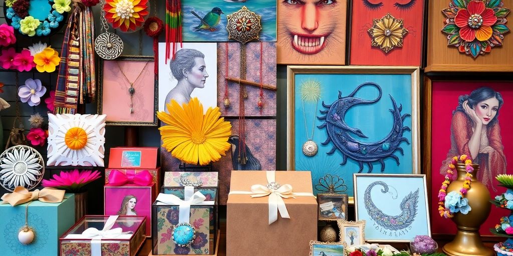 Artistic gifts for middle-aged women in a colorful display.