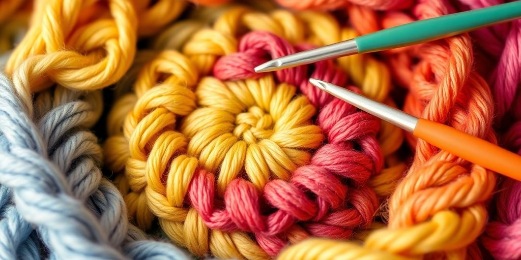 Colorful crochet yarns and hooks in a circular arrangement.