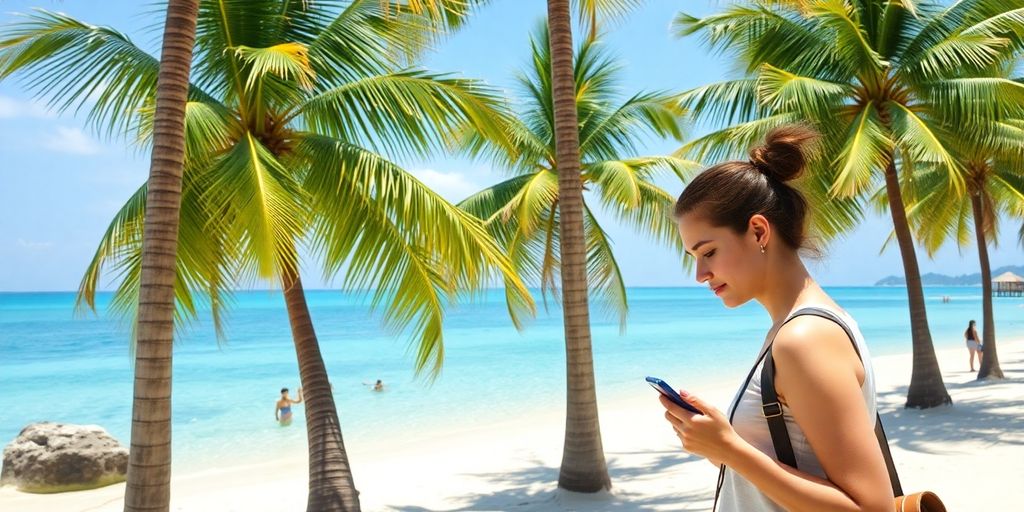Tourist on Koh Samui beach, looking at phone