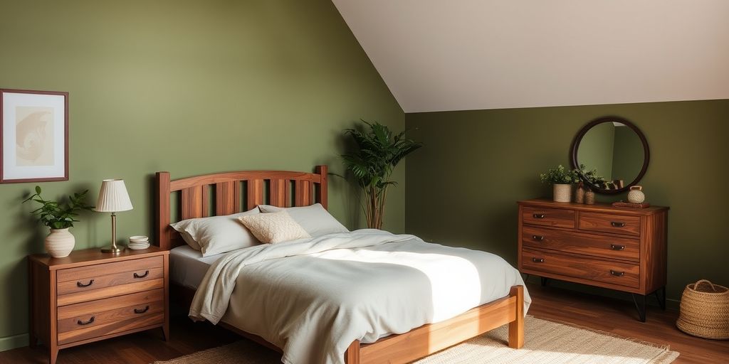 Cozy bedroom with earthy green walls and wooden furniture