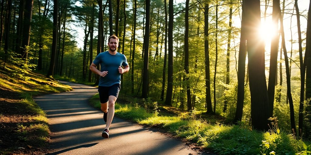 Man jogging outdoors, sun setting behind trees.