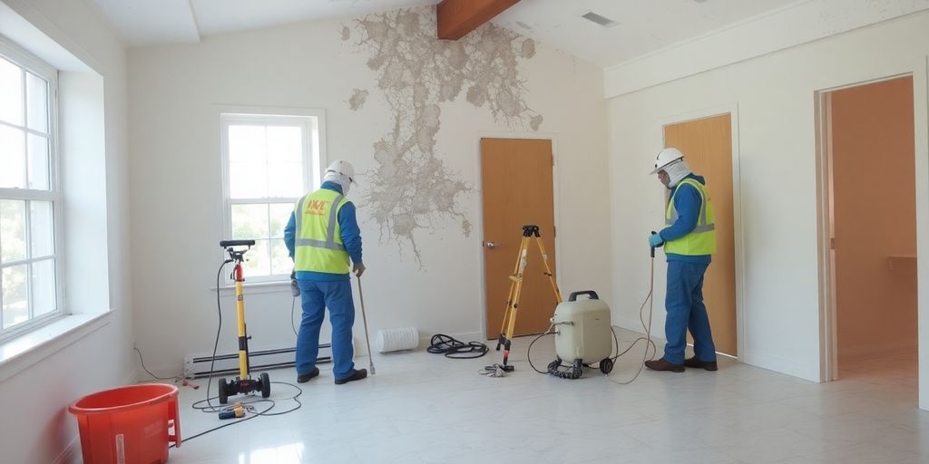 Room being cleaned by professionals in safety gear.