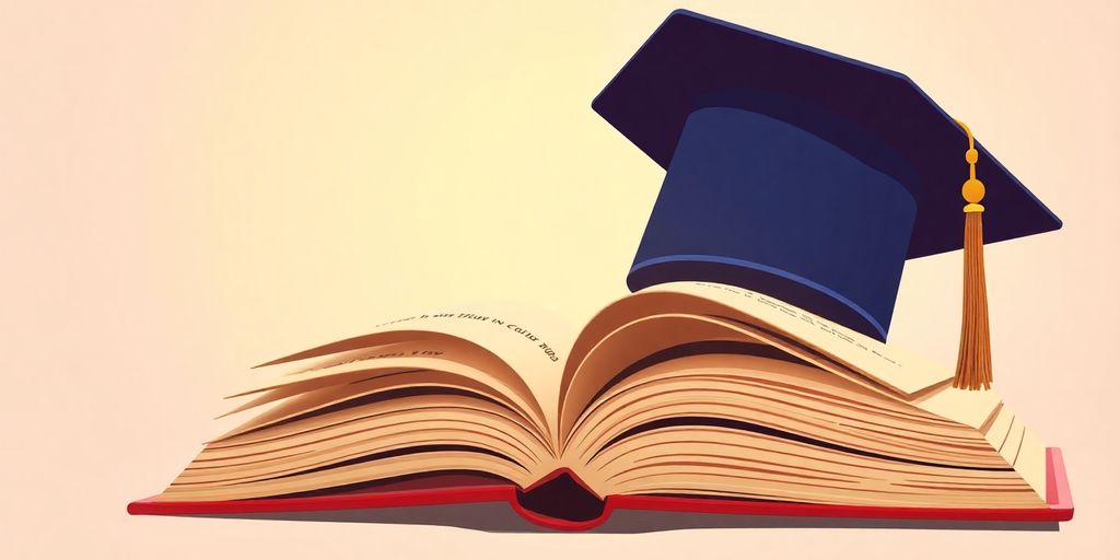 Graduation cap on open book, illustrative.