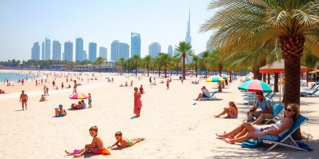 Families enjoying a sunny beach day in Dubai.