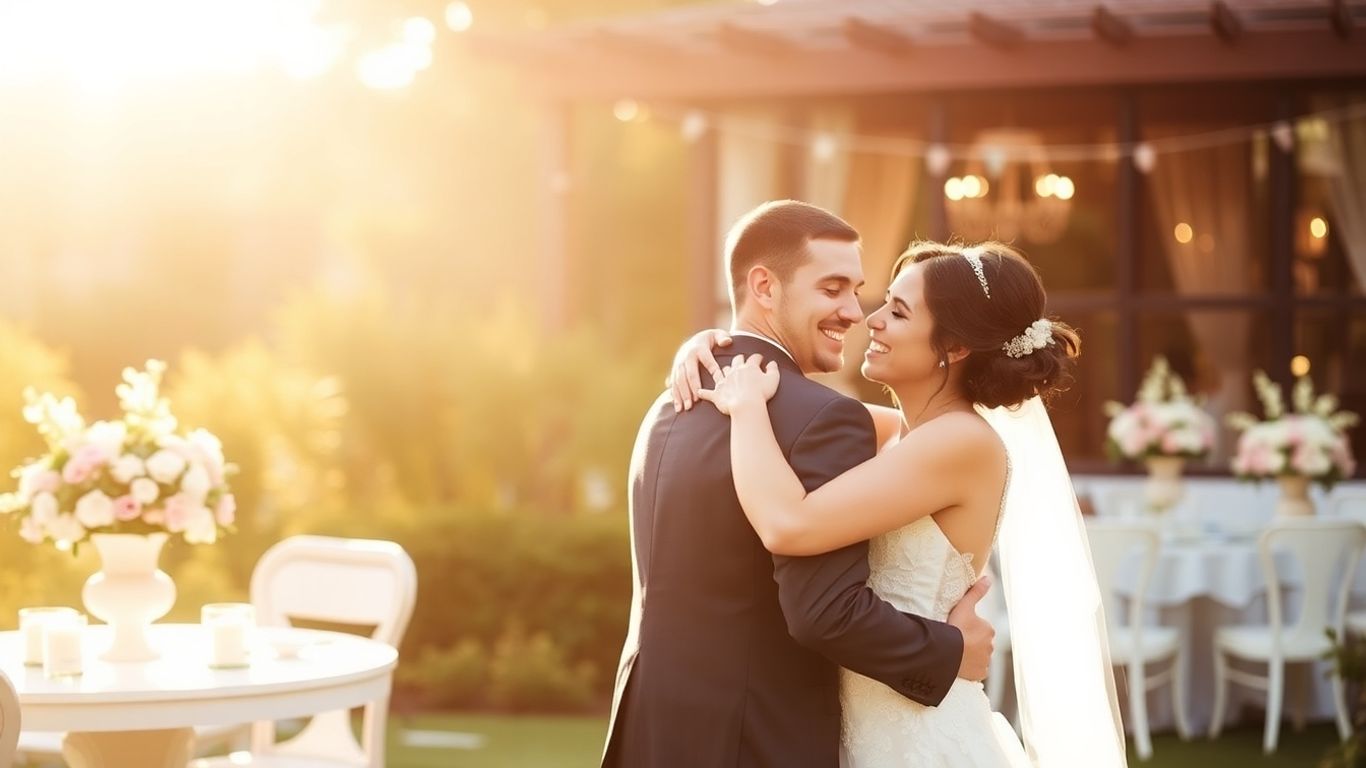 Couple embracing in a garden wedding venue.