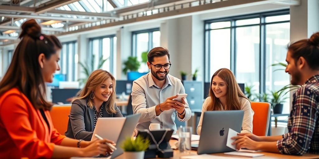 Profissionais de negócios colaborando em escritório moderno.