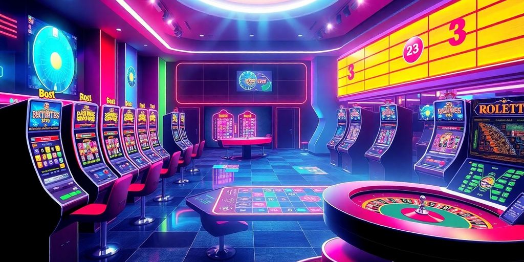 Een modern online casino met kleurrijke speeltafels en machines.