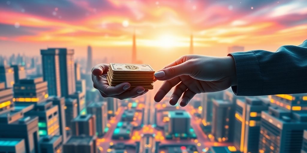 Virtual hands exchange money in a metaverse cityscape.