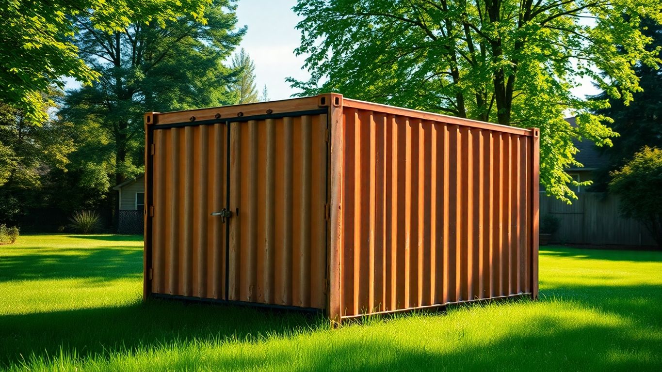 Shipping container in a backyard, suburban setting.