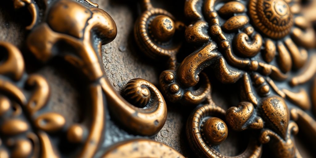 Gold jewelry with an aged patina.