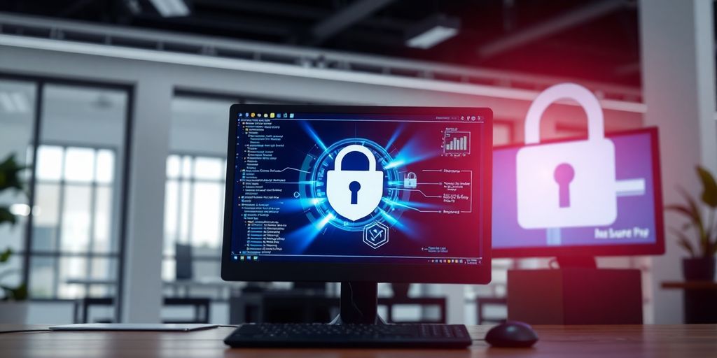 Modern workspace with security software and lock symbol.