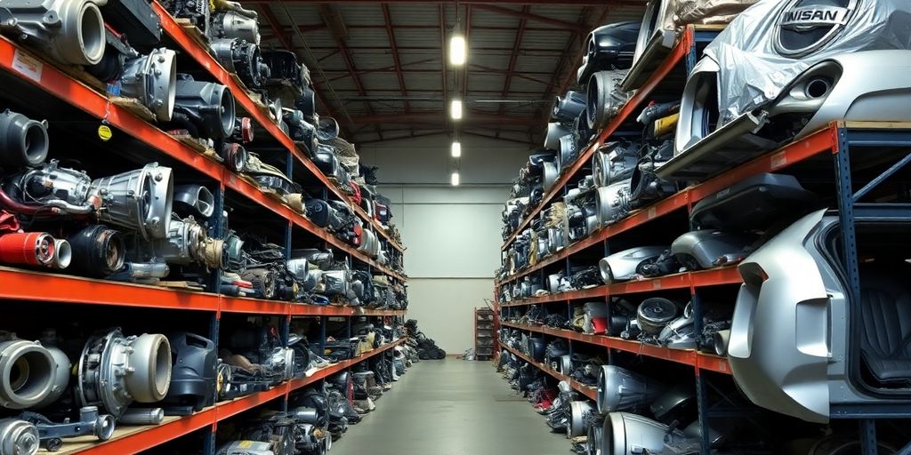 Used Nissan parts neatly organized in warehouse.