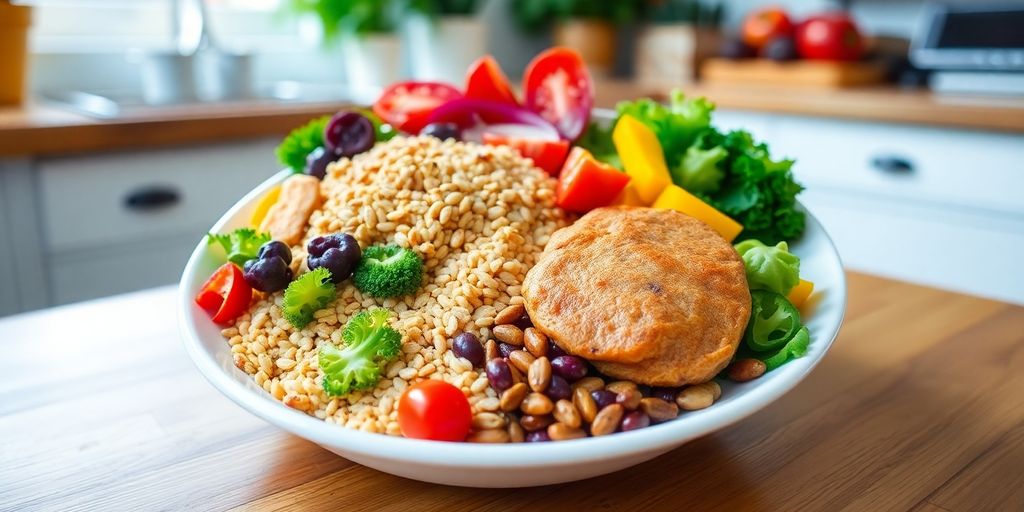 Colorful healthy meal for diabetes management in a kitchen.