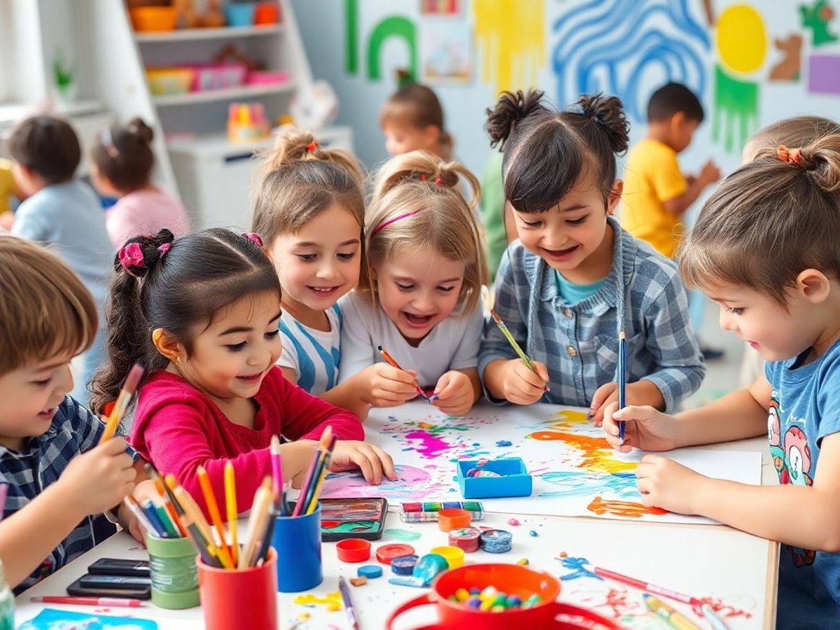 Copii care se joacă cu materiale de artă colorate.