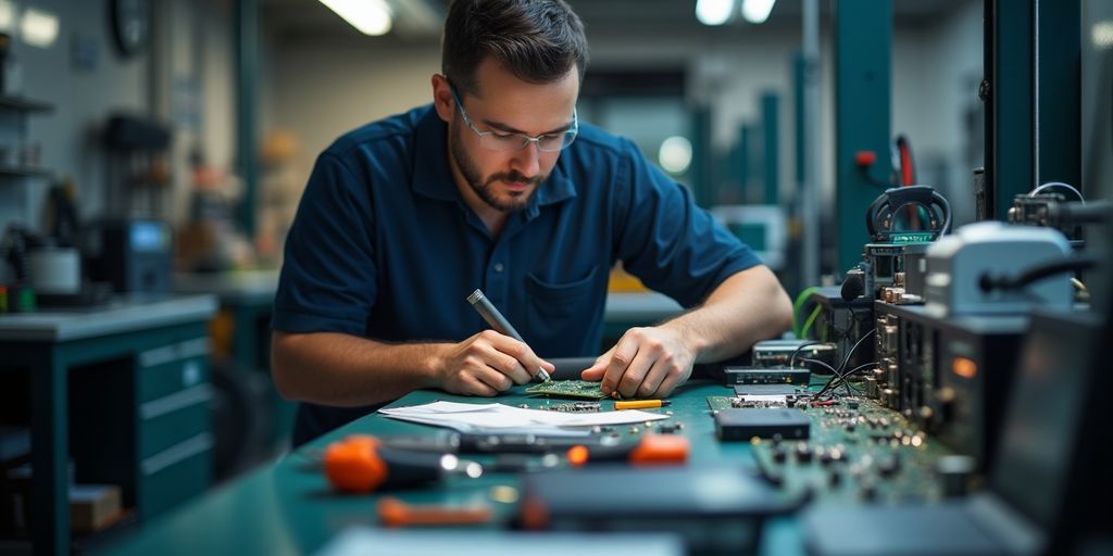 Techniker bei der Arbeit an elektronischen Geräten.