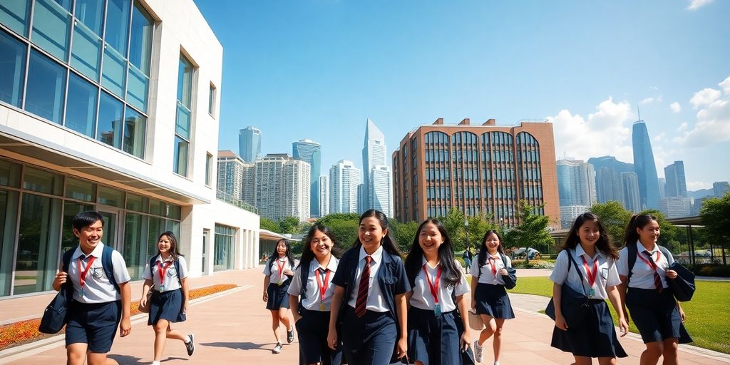 Students outdoors, modern school building, Hong Kong backdrop.