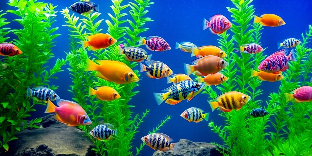 色彩斑斓的鳃鱼在郁郁葱葱的水族箱中游泳。