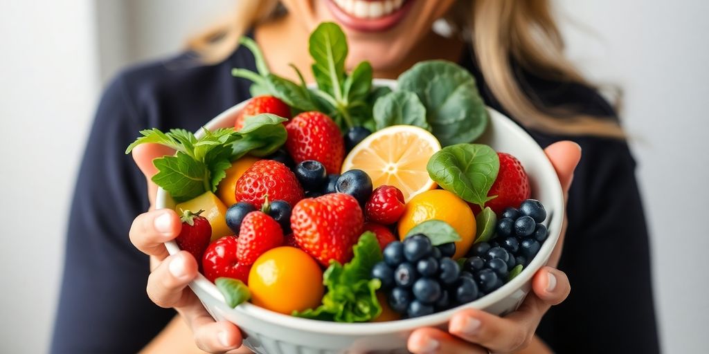 Person enjoying vibrant, fresh fruits and vegetables, feeling energized.