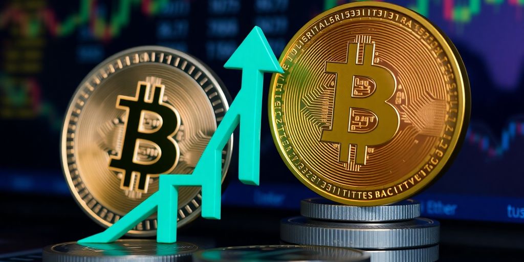 Bitcoin and Ether coins facing upward pressure.