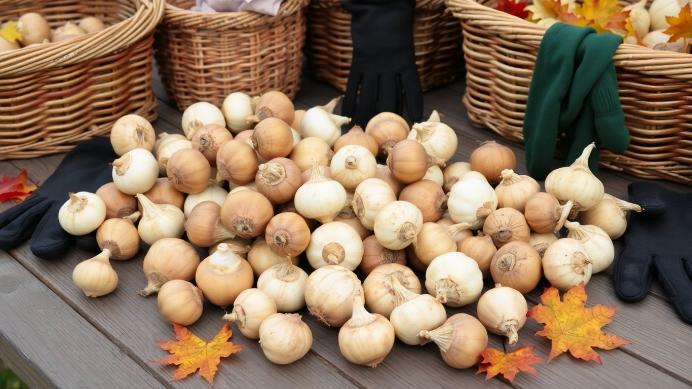 Blumenzwiebeln und Knollen auf Holztisch mit Herbstlaub